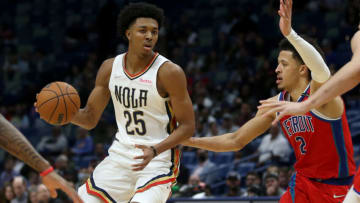 New Orleans Pelicans guard Trey Murphy III (25) is defended by Detroit Pistons guard Cade Cunningham Credit: Chuck Cook-USA TODAY Sports