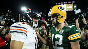 GREEN BAY, WI - SEPTEMBER 09: Mitchell Trubisky #10 of the Chicago Bears and Aaron Rodgers #12 of the Green Bay Packers meet after the Green Bay Packers beat the Chicago Bears 24-23 at Lambeau Field on September 9, 2018 in Green Bay, Wisconsin. (Photo by Dylan Buell/Getty Images)