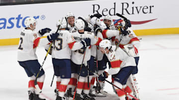 BOSTON, MA - NOVEMBER 12: The Florida Panthers celebrate the shoot out win against the Boston Bruins at the TD Garden on November 12, 2019 in Boston, Massachusetts. (Photo by Steve Babineau/NHLI via Getty Images)