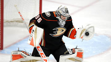 ANAHEIM, CA - MARCH 30: Anaheim Ducks goalie John Gibson (36) catches the puck during the first period of a game against the Los Angeles Kings played on March 30, 2018 at the Honda Center in Anaheim, CA. (Photo by John Cordes/Icon Sportswire via Getty Images)