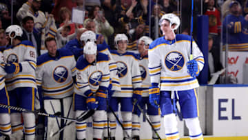 Apr 29, 2022; Buffalo, New York, USA; Buffalo Sabres right wing Tage Thompson (72) is announced as one of the stars of the game against the Chicago Blackhawks at KeyBank Center. Mandatory Credit: Timothy T. Ludwig-USA TODAY Sports