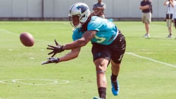 Jun 17, 2014; Charlotte, NC, USA; Carolina Panthers wide receiver Kelvin Benjamin catches a pass during the minicamp held at the Carolina Panthers practice facility. Mandatory Credit: Jeremy Brevard-USA TODAY Sports