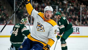 Oct 24, 2021; Saint Paul, Minnesota, USA; Nashville Predators forward Ryan Johansen (92) celebrates his second goal during the first period against the Minnesota Wild at Xcel Energy Center. Mandatory Credit: Brace Hemmelgarn-USA TODAY Sports