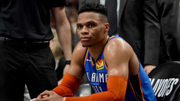 PORTLAND, OR - APRIL 16: Russell Westbrook #0 of the Oklahoma City Thunder looks on from the bench during the second half of Game Two of the Western Conference quarterfinals Portland Trail Blazers during the 2019 NBA Playoffs Moda Center on April 16, 2019 in Portland, Oregon. The Blazers won 114-94. NOTE TO USER: User expressly acknowledges and agrees that, by downloading and or using this photograph, User is consenting to the terms and conditions of the Getty Images License Agreement. (Photo by Steve Dykes/Getty Images) (Photo by Steve Dykes/Getty Images)