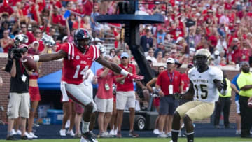 Sep 10, 2016; Oxford, MS, USA; Mississippi Rebels wide receiver D.K. Metcalf (14) during the first half against Wofford Terriers cornerback George Gbesee (15) at Vaught-Hemingway Stadium. Mandatory Credit: Justin Ford-USA TODAY Sports