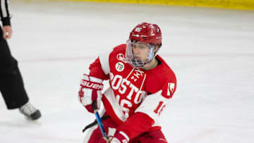 LOWELL, MA - MARCH 6: Robert Mastrosimone #16 of the Boston University Terriers skates against the Massachusetts Lowell River Hawks during NCAA men's hockey at the Tsongas Center on March 6, 2021 in Lowell, Massachusetts. The game ended in a 3-3 tie with the Terriers also winning an extra point in a shootout. (Photo by Richard T Gagnon/Getty Images)