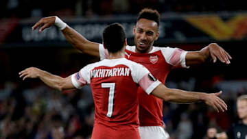 LONDON, ENGLAND - SEPTEMBER 20: Pierre-Emerick Aubameyang of Arsenal celebrates after scoring his team's third goal with Henrikh Mkhitaryan of Arsenal during the UEFA Europa League Group E match between Arsenal and Vorskla Poltava at Emirates Stadium on September 20, 2018 in London, United Kingdom. (Photo by Henry Browne/Getty Images)