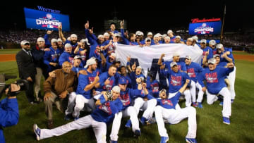 Oct 22, 2016; Chicago, IL, USA; The Chicago Cubs celebrate defeating the Los Angeles Dodgers in game six of the 2016 NLCS playoff baseball series at Wrigley Field. Cubs win 5-0 to advance to the World Series. Mandatory Credit: Jerry Lai-USA TODAY Sports
