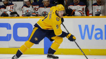 NASHVILLE, TENNESSEE - MARCH 02: Filip Forsberg #9 of the Nashville Predators carries the puck against the Edmonton Oilers during the first period at Bridgestone Arena on March 02, 2020 in Nashville, Tennessee. (Photo by Frederick Breedon/Getty Images)
