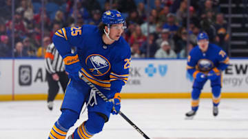 BUFFALO, NY - OCTOBER 27: Owen Power #25 of the Buffalo Sabres skates up ice with the puck against the Montreal Canadiens during the second period at KeyBank Center on October 27, 2022 in Buffalo, New York. (Photo by Kevin Hoffman/Getty Images)