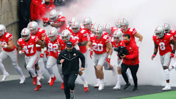 Nov 21, 2020; Columbus, Ohio, USA; Ohio State Buckeyes head coach Ryan Day leads the team onto the field before the game against the Indiana Hoosiers at Ohio Stadium. Mandatory Credit: Joseph Maiorana-USA TODAY Sports