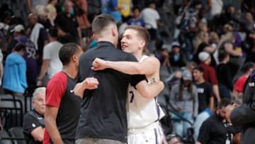 SACRAMENTO, CA - JULY 2: Kyle Guy #7 of the Sacramento Kings shakes hands with the Miami Heat after the game on July 2, 2019 at Golden 1 Center in Sacramento, California. NOTE TO USER: User expressly acknowledges and agrees that, by downloading and or using this Photograph, user is consenting to the terms and conditions of the Getty Images License Agreement. Mandatory Copyright Notice: Copyright 2019 NBAE (Photo by Rocky Widner/NBAE via Getty Images)