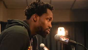LOS ANGELES, CA - APRIL 26: Patrick Beverley #21 of the LA Clippers speaks to the media after Game Six of Round One against the Golden State Warriors during the 2019 NBA Playoffs on April 26, 2019 at STAPLES Center in Los Angeles, California. NOTE TO USER: User expressly acknowledges and agrees that, by downloading and/or using this photograph, user is consenting to the terms and conditions of the Getty Images License Agreement. Mandatory Copyright Notice: Copyright 2019 NBAE (Photo by Andrew D. Bernstein/NBAE via Getty Images)