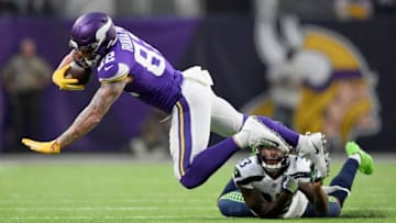 MINNEAPOLIS, MN - AUGUST 24: Tedric Thompson #33 of the Seattle Seahawks tackles Kyle Rudolph #82 of the Minnesota Vikings during the first quarter in the preseason game on August 24, 2018 at US Bank Stadium in Minneapolis, Minnesota. (Photo by Hannah Foslien/Getty Images)