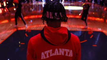 ORLANDO, FLORIDA - DECEMBER 15: Sharife Cooper #2 of the Atlanta Hawks looks on prior to the game against the Orlando Magic during the first half at Amway Center on December 15, 2021 in Orlando, Florida. NOTE TO USER: User expressly acknowledges and agrees that, by downloading and or using this photograph, User is consenting to the terms and conditions of the Getty Images License Agreement. (Photo by Michael Reaves/Getty Images)