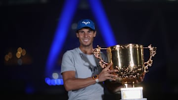 BEIJING, CHINA - OCTOBER 08: Rafael Nadal of Spain hold the winners trophy poses for a picture after winning the Men's Singles final against Nick Kyrgios of Australia on day nine of the 2017 China Open at the China National Tennis Centre on October 8, 2017 in Beijing, China. (Photo by Lintao Zhang/Getty Images)