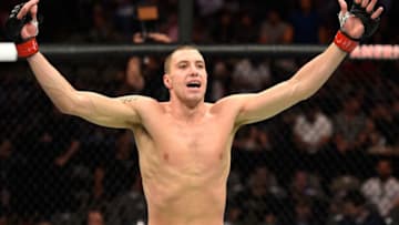 DALLAS, TX - MAY 13: James Vick celebrates his TKO victory over Marco Polo Reyes in their lightweight fight during the UFC 211 event at the American Airlines Center on May 13, 2017 in Dallas, Texas. (Photo by Josh Hedges/Zuffa LLC/Zuffa LLC via Getty Images)