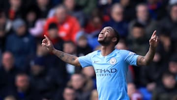 LONDON, ENGLAND - APRIL 14: Raheem Sterling of Manchester City celebrates after scoring his team's second goal during the Premier League match between Crystal Palace and Manchester City at Selhurst Park on April 14, 2019 in London, United Kingdom. (Photo by Marc Atkins/Getty Images)