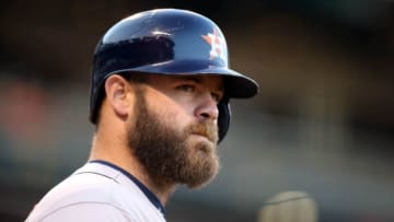 Aug 11, 2015; San Francisco, CA, USA; Houston Astros left fielder Evan Gattis (11) on deck against the San Francisco Giants during the first inning at AT&T Park. Mandatory Credit: Kelley L Cox-USA TODAY Sports