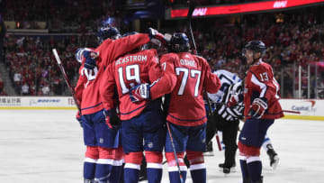 WASHINGTON, DC - MARCH 10: Nicklas Backstrom #19 of the Washington Capitals celebrates with his teammates after scoring a goal against the Winnipeg Jets in the first period at Capital One Arena on March 10, 2019 in Washington, DC. (Photo by Patrick McDermott/NHLI via Getty Images)