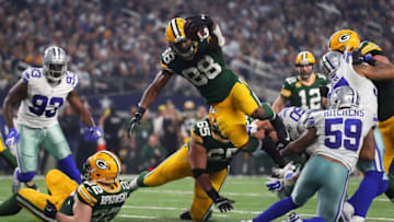 ARLINGTON, TX - JANUARY 15: Ty Montgomery #88 of the Green Bay Packers dives into the end zone to score a touchdown during the second quarter against the Dallas Cowboys in the NFC Divisional Playoff game at AT&T Stadium on January 15, 2017 in Arlington, Texas. (Photo by Tom Pennington/Getty Images)
