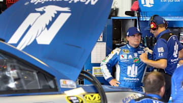 Jul 29, 2016; Long Pond, PA, USA; NASCAR Sprint Cup Series driver Jeff Gordon (left) talks to crew chief Greg Ives (right) during practice for the Pennsylvania 400 at Pocono Raceway. Mandatory Credit: Matthew O