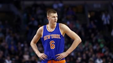 Mar 4, 2016; Boston, MA, USA; New York Knicks forward Kristaps Porzingis (6) reacts during the first half of a game against the Boston Celtics at TD Garden. Mandatory Credit: Mark L. Baer-USA TODAY Sports