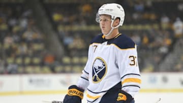 PITTSBURGH, PA - SEPTEMBER 26: Casey Mittelstadt #37 of the Buffalo Sabres looks on in the third period during the game against the Pittsburgh Penguins on September 26, 2018, at PPG Paints Arena in Pittsburgh, PA. (Photo by Justin Berl/Icon Sportswire via Getty Images)
