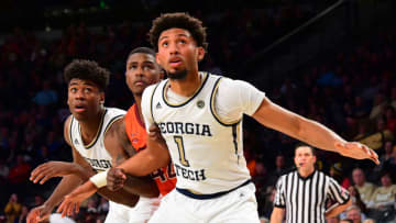 ATLANTA, GA - JANUARY 9: James Banks #1 of the Georgia Tech Yellow Jackets blocks out against Ty Outlaw #42 of the Virginia Tech Hokies at McCamish Pivilion on January 9, 2019 in Atlanta, Georgia. (Photo by Scott Cunningham/Getty Images)