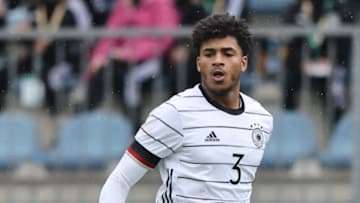 DUISBURG, GERMANY - SEPTEMBER 26: Almugera Kabar of Germany runs with the ball during the Germany U17 v Israel U17 match of the KOMM MIT 4-Nationenturnier U 17 at Leichtathletikstadion on September 26, 2022 in Duisburg, Germany. (Photo by Christof Koepsel/Getty Images for DFB)
