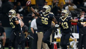 NEW ORLEANS, LOUISIANA - DECEMBER 23: Demario Davis #56 of the New Orleans Saints reacts after recovering a fumble during the second half against the Pittsburgh Steelers at the Mercedes-Benz Superdome on December 23, 2018 in New Orleans, Louisiana. (Photo by Sean Gardner/Getty Images)