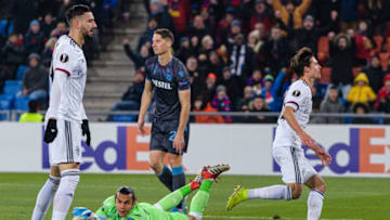 BASEL, SWITZERLAND - DECEMBER 12: Valentin Stocker of Basel (R) celebrates his goal during the UEFA Europa League group C match between FC Basel and Trabzonspor at St. Jakob-Park on December 12, 2019 in Basel, Switzerland. (Photo by Eurasia Sport Images/Getty Images)