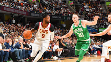 CLEVELAND, OH - OCTOBER 17: Dwyane Wade #9 of the Cleveland Cavaliers handles the ball against the Boston Celtics on October 17, 2017 at Quicken Loans Arena in Cleveland, Ohio. NOTE TO USER: User expressly acknowledges and agrees that, by downloading and/or using this Photograph, user is consenting to the terms and conditions of the Getty Images License Agreement. Mandatory Copyright Notice: Copyright 2017 NBAE (Photo by Jesse D. Garrabrant/NBAE via Getty Images)