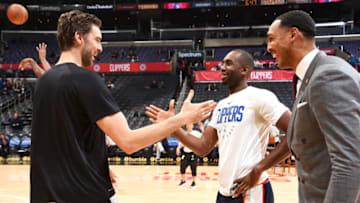LOS ANGELES, CA - DECEMBER 29: Pau Gasol #16 of the San Antonio Spurs greets Luc Mbah a Moute #12 of the LA Clippers before the game on December 29, 2018 at STAPLES Center in Los Angeles, California. NOTE TO USER: User expressly acknowledges and agrees that, by downloading and/or using this Photograph, user is consenting to the terms and conditions of the Getty Images License Agreement. Mandatory Copyright Notice: Copyright 2018 NBAE (Photo by Andrew D. Bernstein/NBAE via Getty Images)