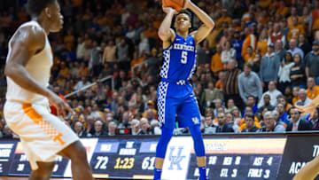 KNOXVILLE, TN - JANUARY 6: Kentucky Wildcats forward Kevin Knox (5) takes a three point shot during a game between the Kentucky Wildcats and Tennessee Volunteers on January 6, 2018, at Thompson-Boling Arena in Knoxville, TN. Tennessee defeated the Wildcats 76-65. (Photo by Bryan Lynn/Icon Sportswire via Getty Images)