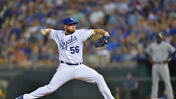 Aug 7, 2015; Kansas City, MO, USA; Kansas City Royals pitcher Greg Holland (56) delivers a pitch against the Chicago White Sox during the ninth inning at Kauffman Stadium. Mandatory Credit: Peter G. Aiken-USA TODAY Sports