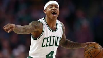 Feb 29, 2016; Boston, MA, USA; Boston Celtics guard Isaiah Thomas (4) yells to his team during the first half of a game against the Utah Jazz at TD Garden. Mandatory Credit: Mark L. Baer-USA TODAY Sports