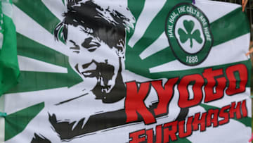 GLASGOW, SCOTLAND - AUGUST 21: A detailed view of a flag in support of Kyogo Furuhashi of Celtic prior to the Cinch Scottish Premiership match between Celtic FC and St. Mirren FC at Celtic Park on August 21, 2021 in Glasgow, Scotland. (Photo by Ian MacNicol/Getty Images)