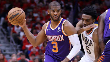 Chris Paul #3 of the Phoenix Suns drives against Herbert Jones #5 of the New Orleans Pelicans (Photo by Jonathan Bachman/Getty Images)