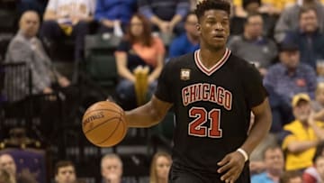 Nov 27, 2015; Indianapolis, IN, USA; Chicago Bulls guard Jimmy Butler (21) dribbles the ball in the second half against the Indiana Pacers at Bankers Life Fieldhouse. The Pacers won104-92. Mandatory Credit: Trevor Ruszkowski-USA TODAY Sports
