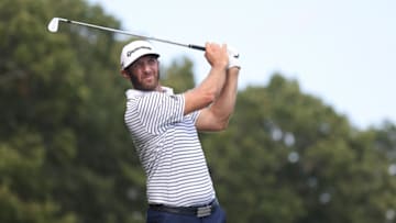 NORTON, MASSACHUSETTS - AUGUST 21: Dustin Johnson of the United States plays a second shot on the 12th hole during the second round of The Northern Trust at TPC Boston on August 21, 2020 in Norton, Massachusetts. (Photo by Rob Carr/Getty Images)