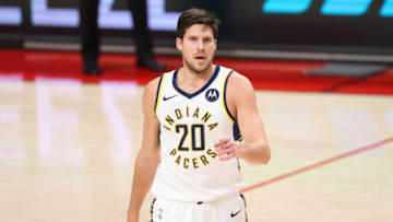 PORTLAND, OREGON - JANUARY 14: Doug McDermott #20 of the Indiana Pacers reacts in the second quarter against the Portland Trail Blazers at Moda Center on January 14, 2021 in Portland, Oregon. NOTE TO USER: User expressly acknowledges and agrees that, by downloading and or using this photograph, User is consenting to the terms and conditions of the Getty Images License Agreement. (Photo by Abbie Parr/Getty Images)