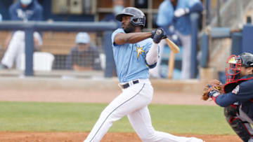 PORT CHARLOTTE, FLORIDA - MARCH 21: Randy Arozarena #56 of the Tampa Bay Rays at bat against the Atlanta Braves during a Grapefruit League spring training game at Charlotte Sports Park on March 21, 2021 in Port Charlotte, Florida. (Photo by Michael Reaves/Getty Images)