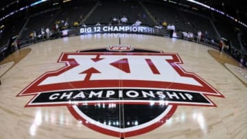 Mar 13, 2015; Kansas City, MO, USA; A general view of the championship logo mid-court before the game between the Kansas Jayhawks and Baylor Bears during the semifinals round of the Big 12 Championship at Sprint Center. Mandatory Credit: Denny Medley-USA TODAY Sports