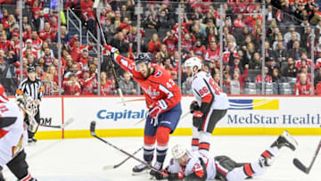 WASHINGTON, DC - FEBRUARY 26: Washington Capitals right wing Tom Wilson (43) scores against Ottawa Senators goaltender Anders Nilsson (31) during first period action at Capital One Arena. (Photo by Jonathan Newton / The Washington Post via Getty Images)