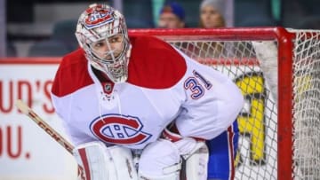 Oct 30, 2015; Calgary, Alberta, CAN; Montreal Canadiens goalie Carey Price (31) warms up prior to the game against the Calgary Flames at Scotiabank Saddledome. Mandatory Credit: Sergei Belski-USA TODAY Sports