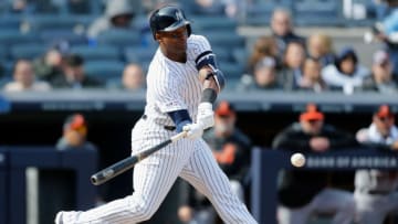 NEW YORK, NY - MARCH 28: (NEW YORK DAILIES OUT) Miguel Andujar #41 of the New York Yankees connects on a seventh inning single against the Baltimore Orioles on Opening Day at Yankee Stadium on March 28, 2019 in the Bronx borough of New York City. The Yankees defeated the Orioles 7-2. (Photo by Jim McIsaac/Getty Images)