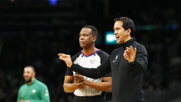 Head coach Erik Spoelstra of the Miami Heat reacts to referee Sean Wright #4 during the fourth quarter of the game between the Miami Heat and the Boston Celtics(Photo by Omar Rawlings/Getty Images)