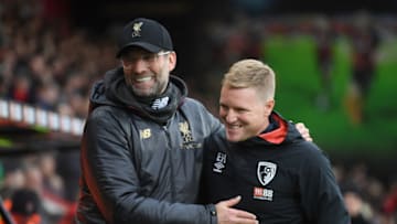 BOURNEMOUTH, ENGLAND - DECEMBER 08: Jurgen Klopp, Manager of Liverpool embraces with Eddie Howe, Manager of AFC Bournemouth prior to the Premier League match between AFC Bournemouth and Liverpool FC at Vitality Stadium on December 8, 2018 in Bournemouth, United Kingdom. (Photo by Mike Hewitt/Getty Images)