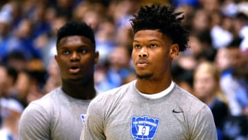 Cam Reddish (R) and Zion Williamson of the Duke Blue Devils Atlanta Hawks (Photo by Lance King/Getty Images)